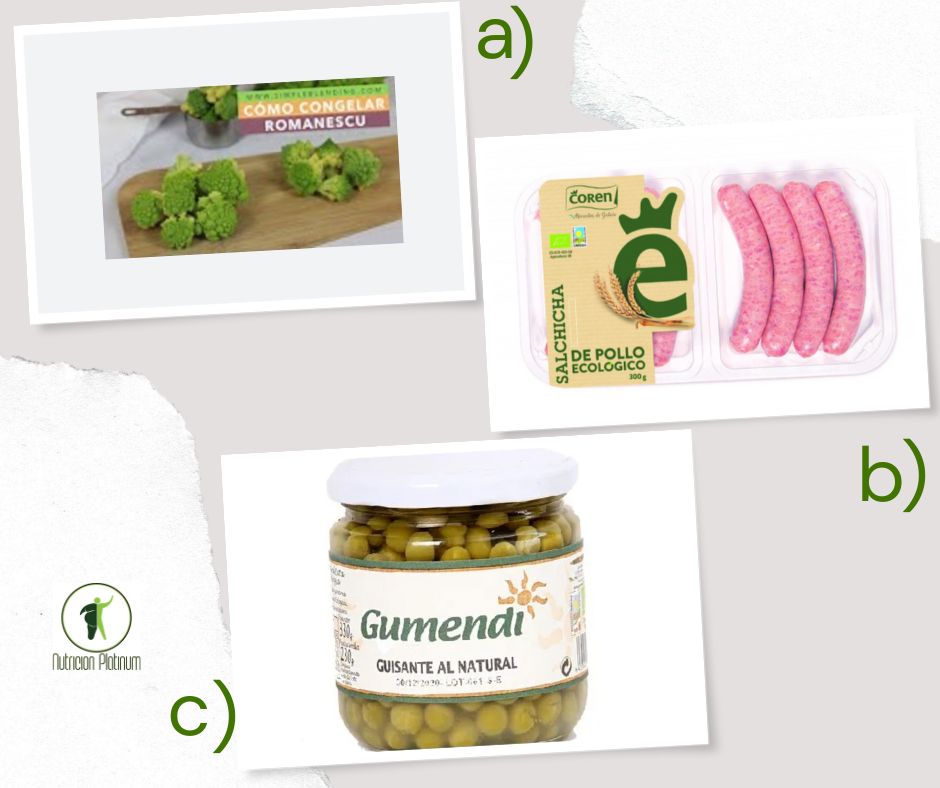 Brocoli con salchichas de pollo y guisantes en conserva.